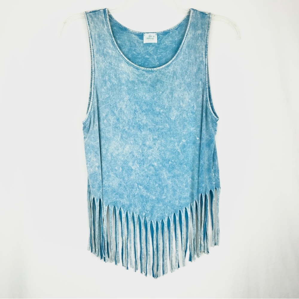 Blue Buttercup Vintage Wash Blue Tie Dyed Fringed Tank Top Super Soft Boho Sz S